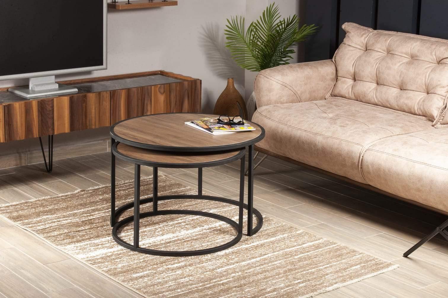 Tambur Metal Manufactured Wood Round Nesting Coffee Table - Set of 2 - Decorotika