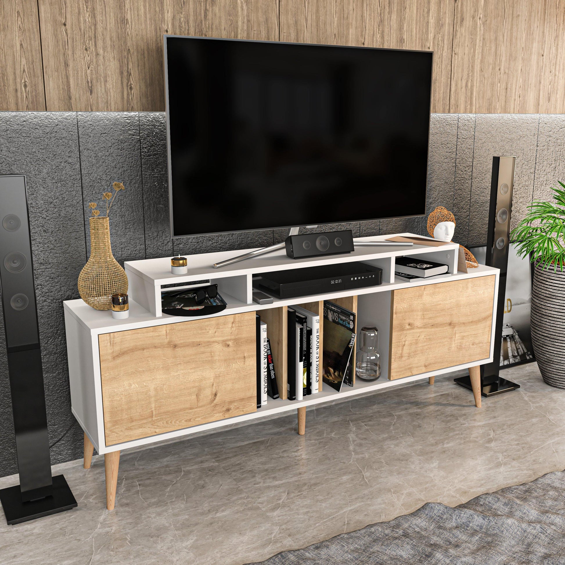 Char 63" TV Stand and Media Console with Cabinets and Shelves for TVs up to 72" - Decorotika