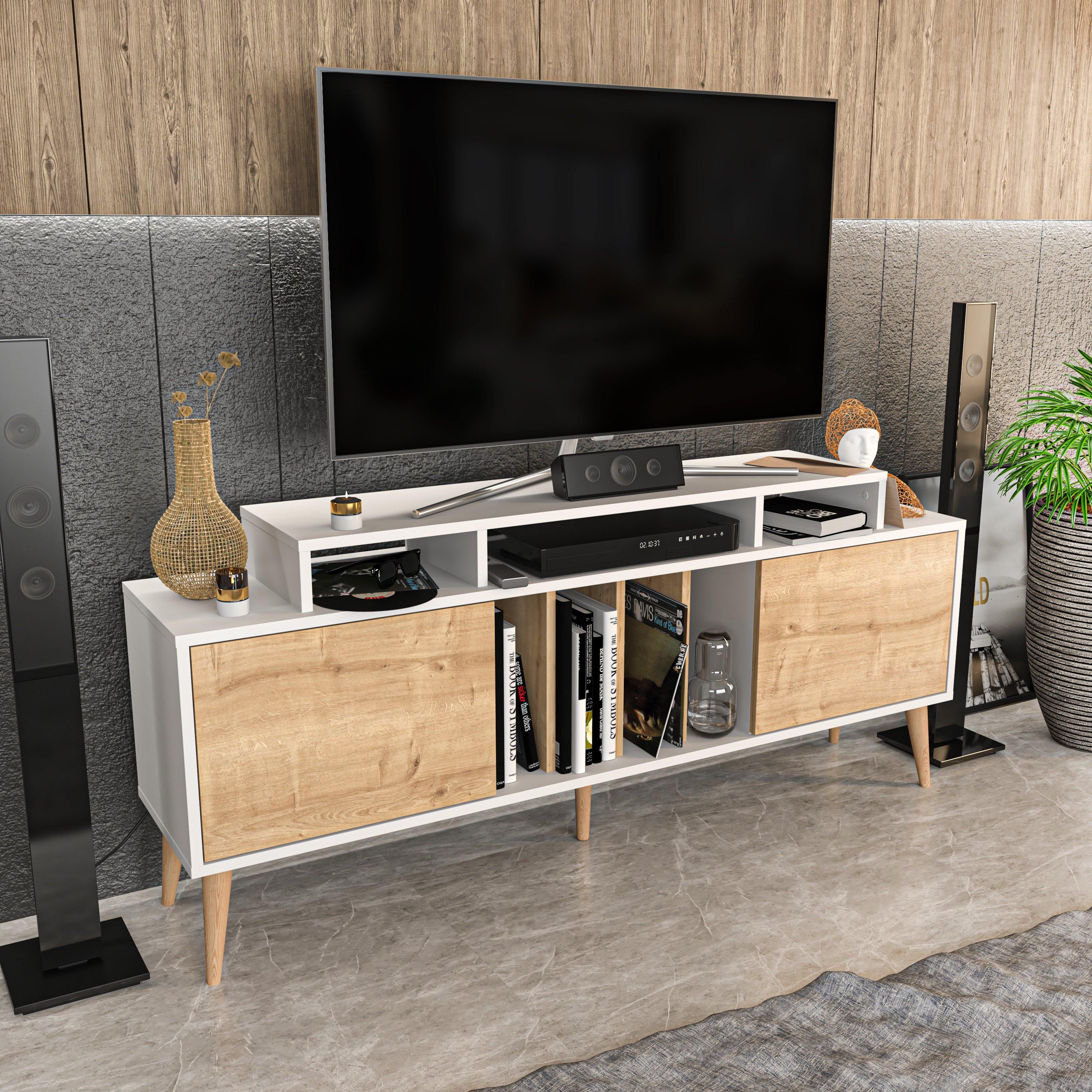 Char 63" TV Stand and Media Console with Cabinets and Shelves for TVs up to 72" - Decorotika