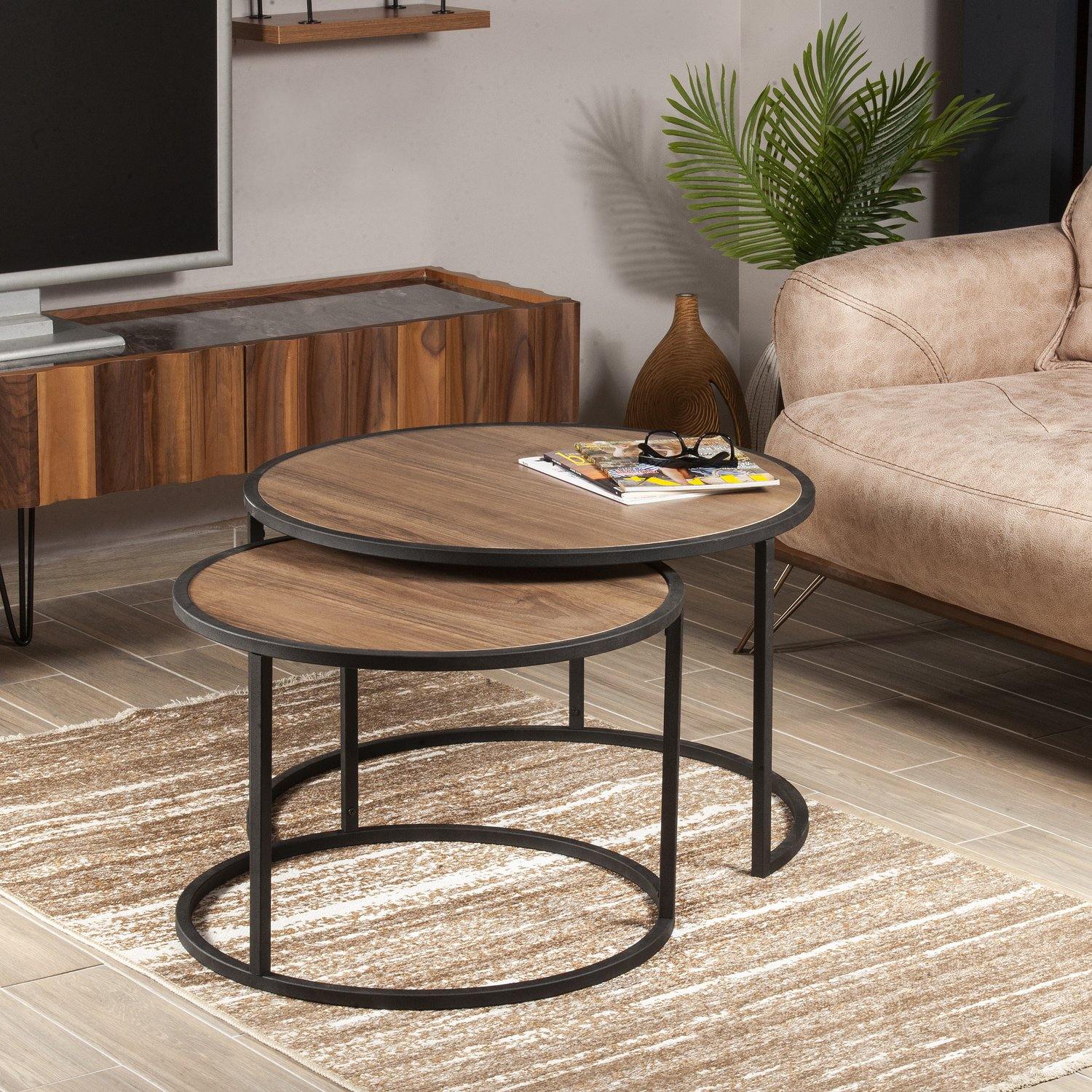 Tambur Metal Manufactured Wood Round Nesting Coffee Table - Set of 2 - Decorotika