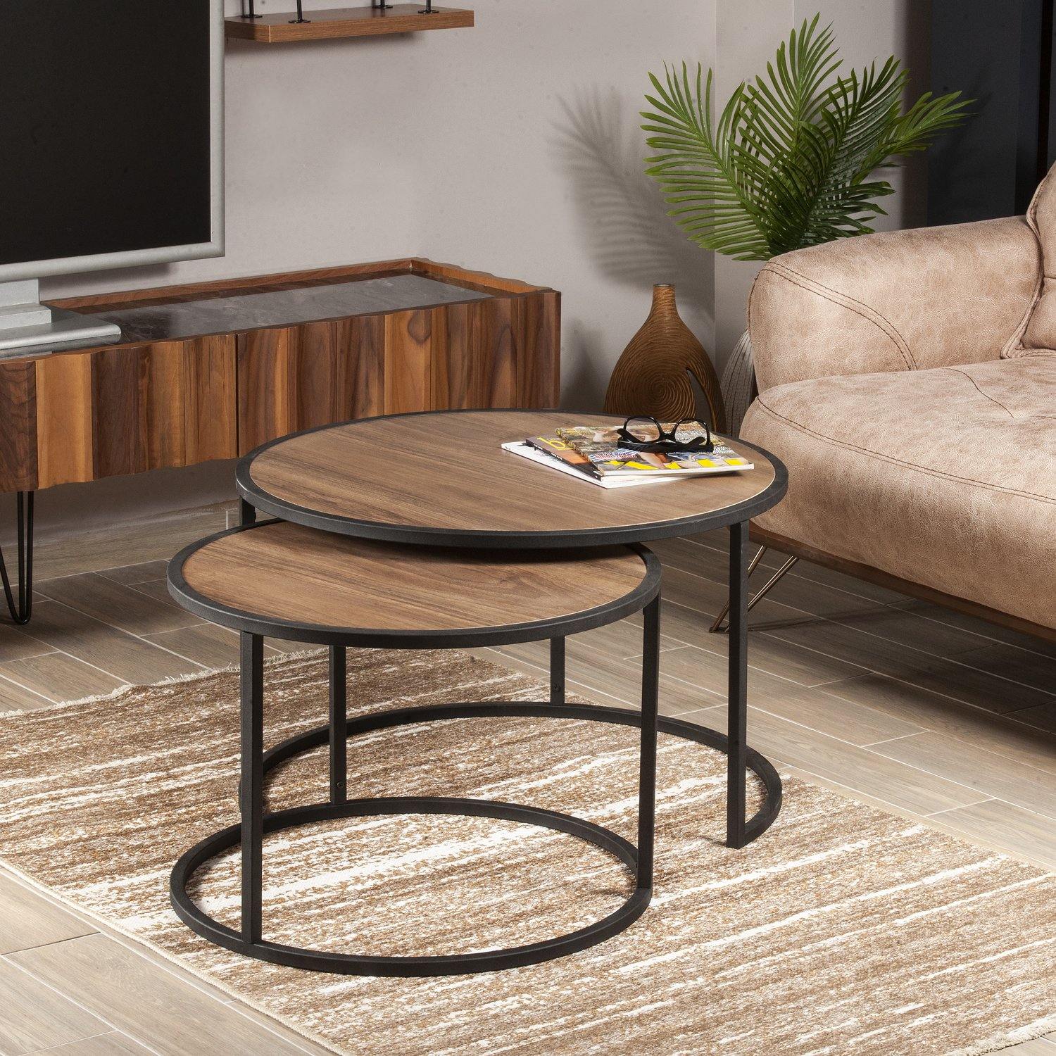 Tambur Metal Manufactured Wood Round Nesting Coffee Table - Set of 2 - Decorotika