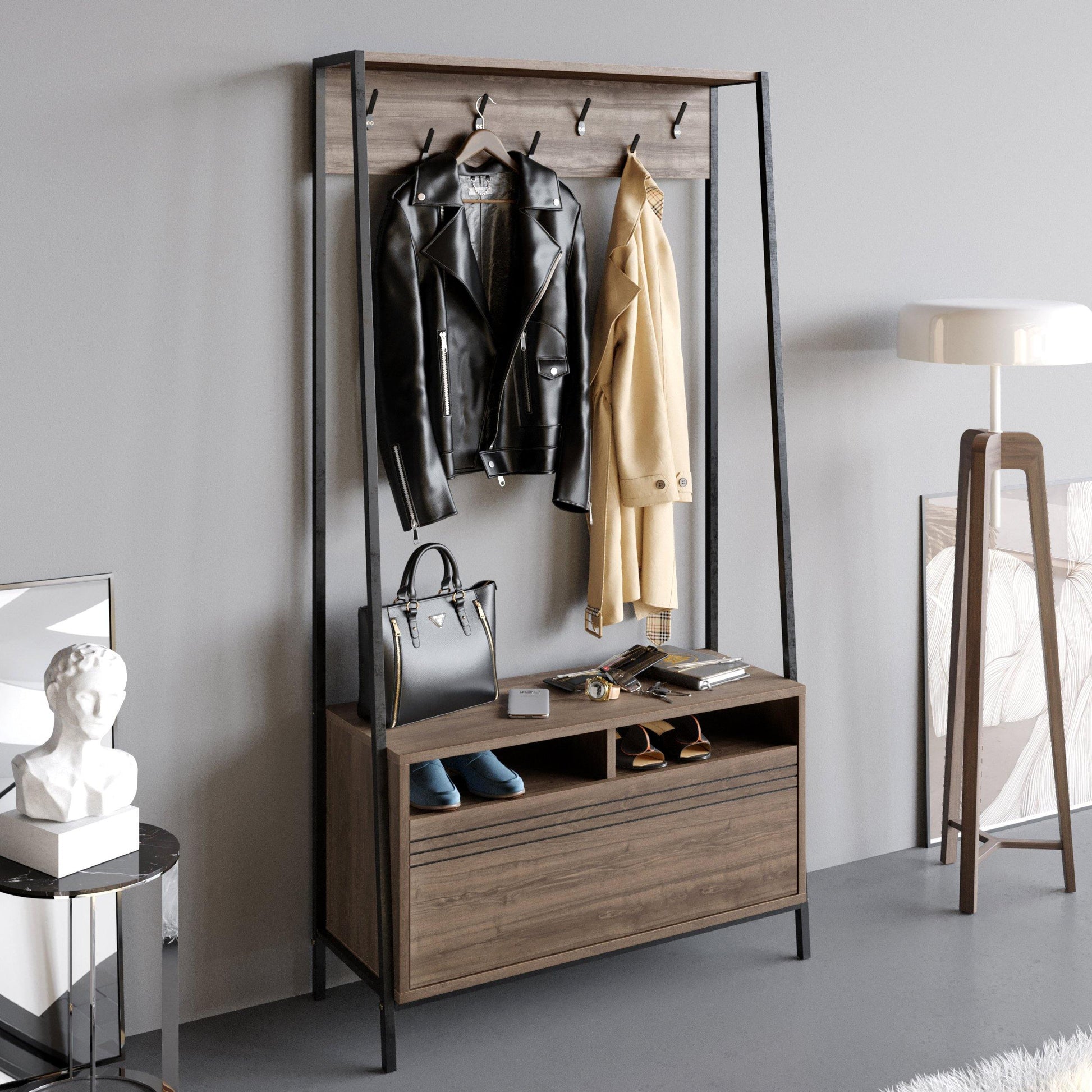 Devin 71" Tall Metal Manufactured Wood Hall Tree with A Cabinet, Bench and Shoe Storage - Decorotika