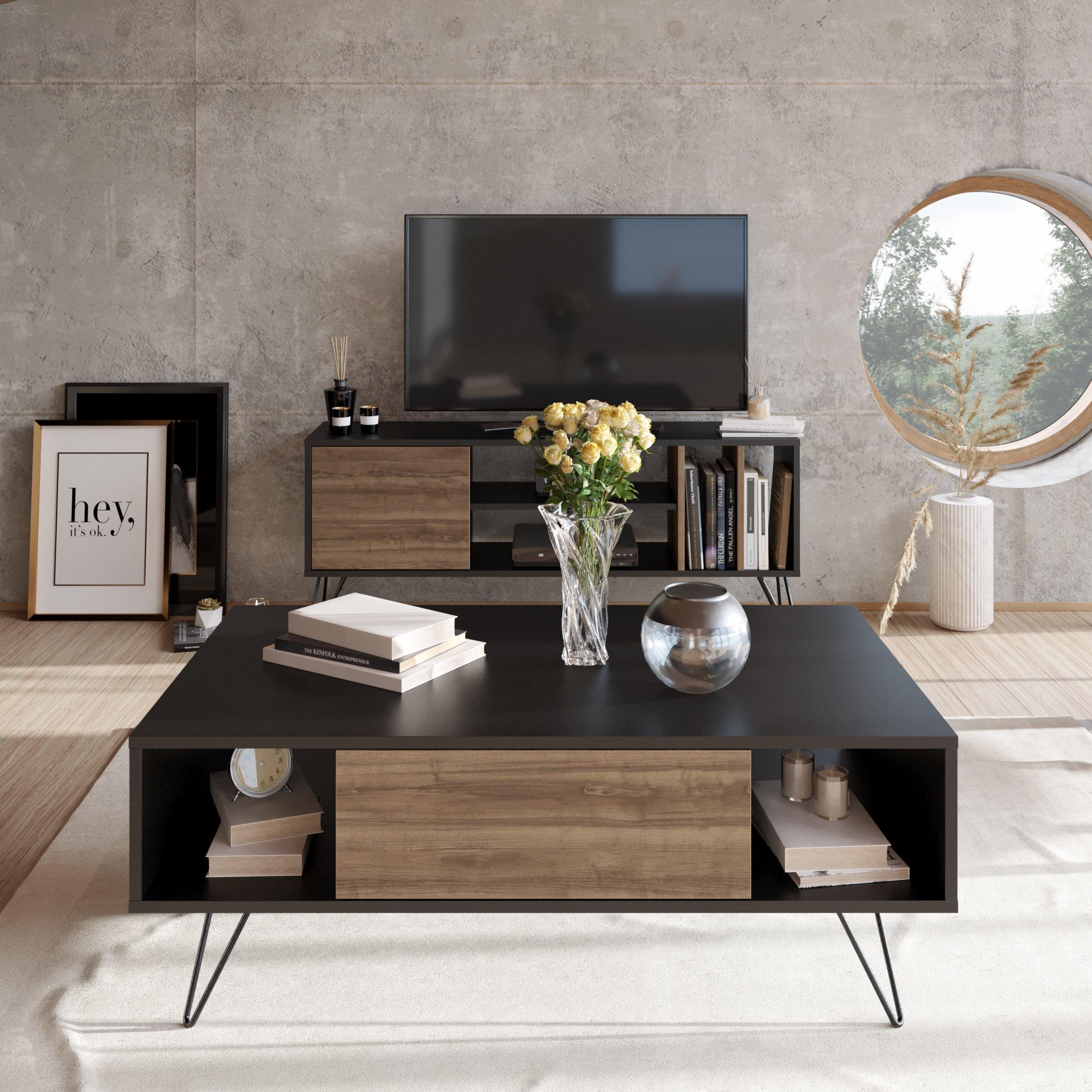 Mistico 47" Wide Coffee Table with A Cabinet and Shelves - Decorotika