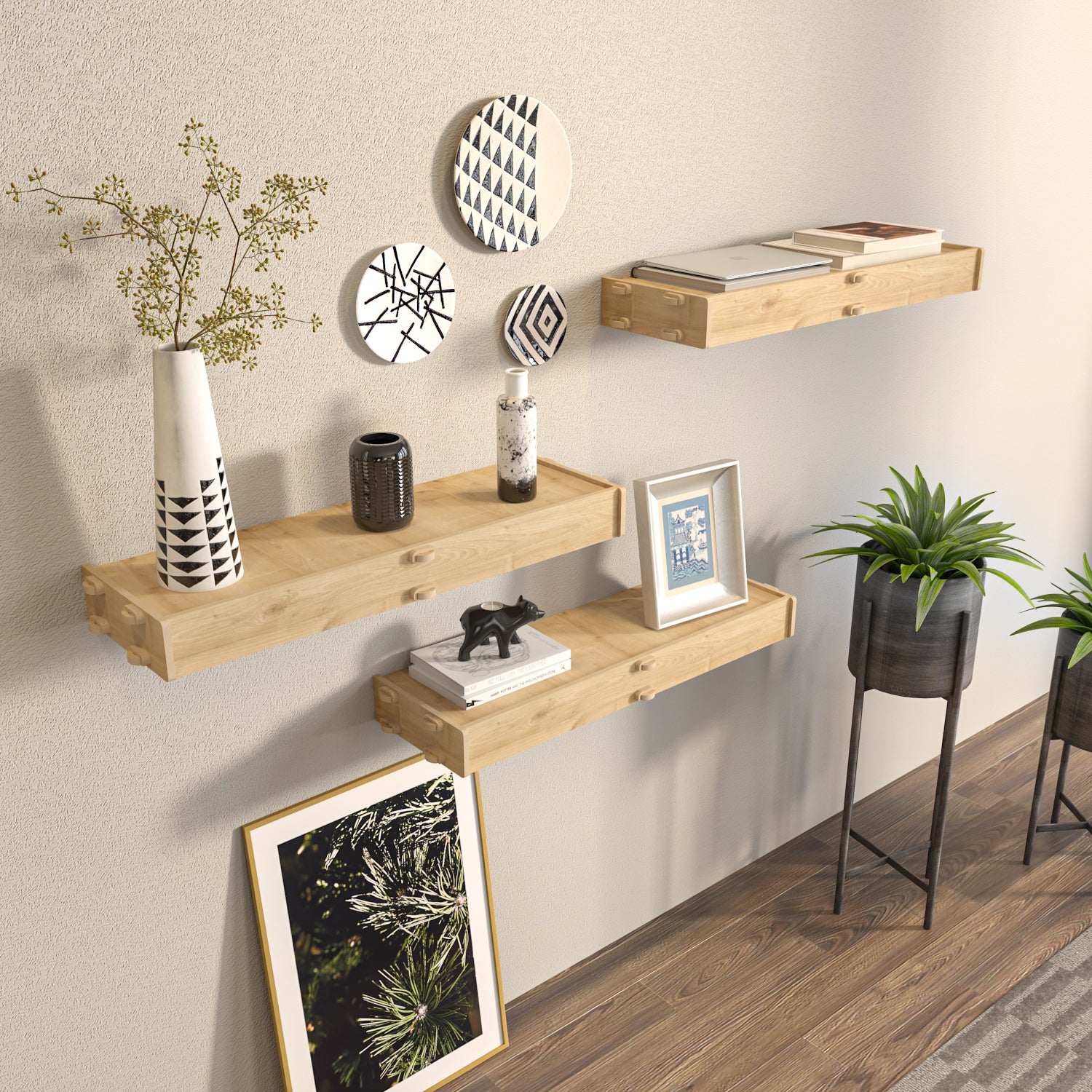 Hiko 3 Pieces Natural Oak Wall Mounted Shelves