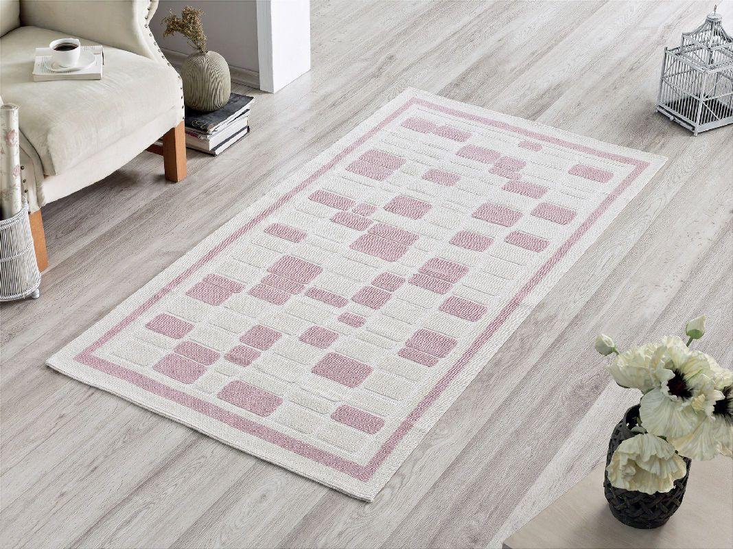 Mosaic Pattern 100% Turkish Cotton Bohemian Sanforized Washable Area Rug - Combination of Pink, White and Cream - Size 5' x 8' - Decorotika