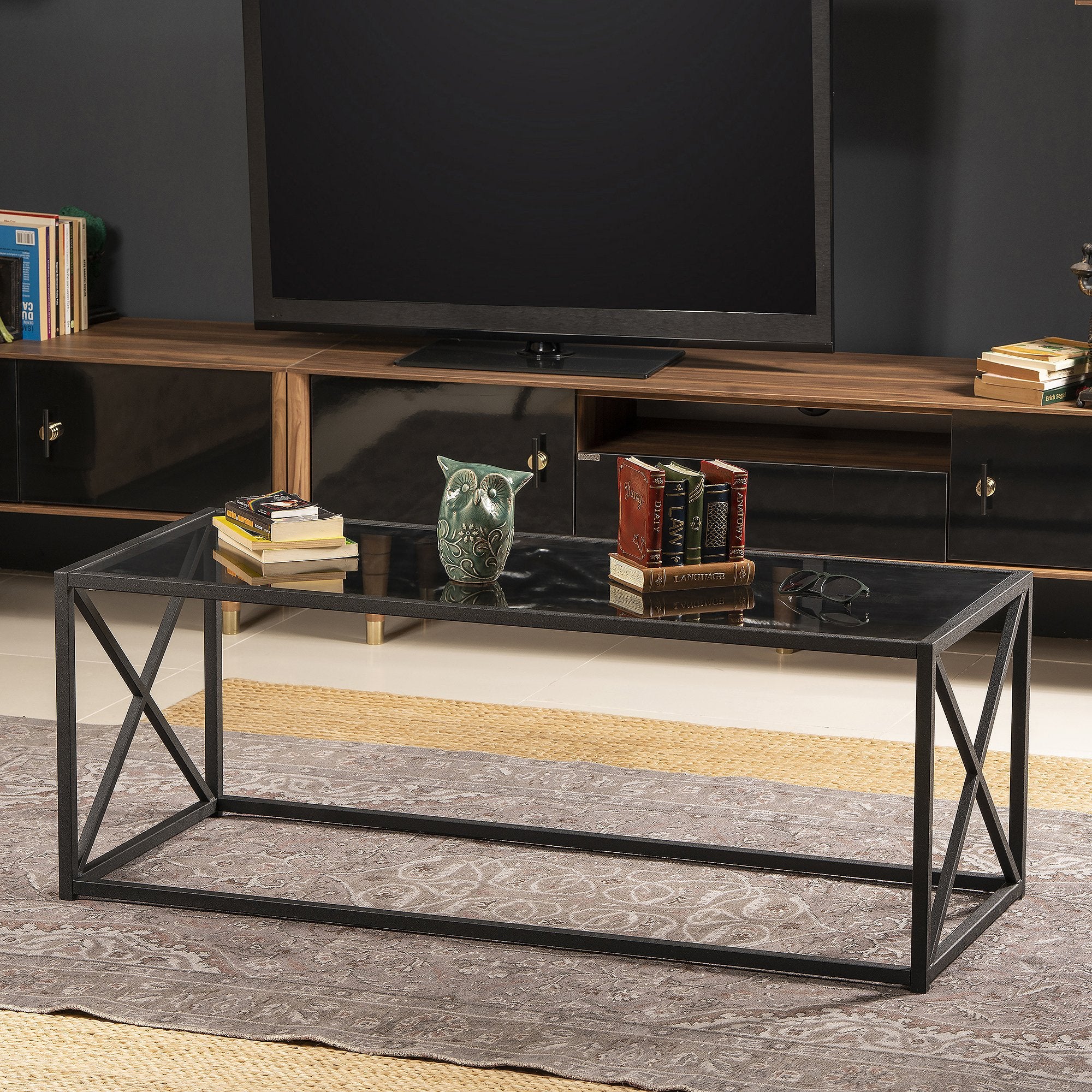 Geises 47'' Wide Metal & Tempered Glass Coffee Table - Decorotika