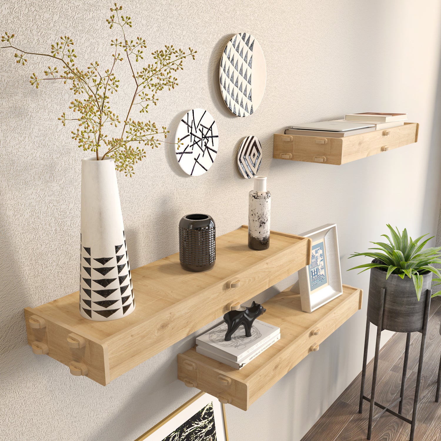 Hiko 3 Pieces Natural Oak Wall Mounted Shelves