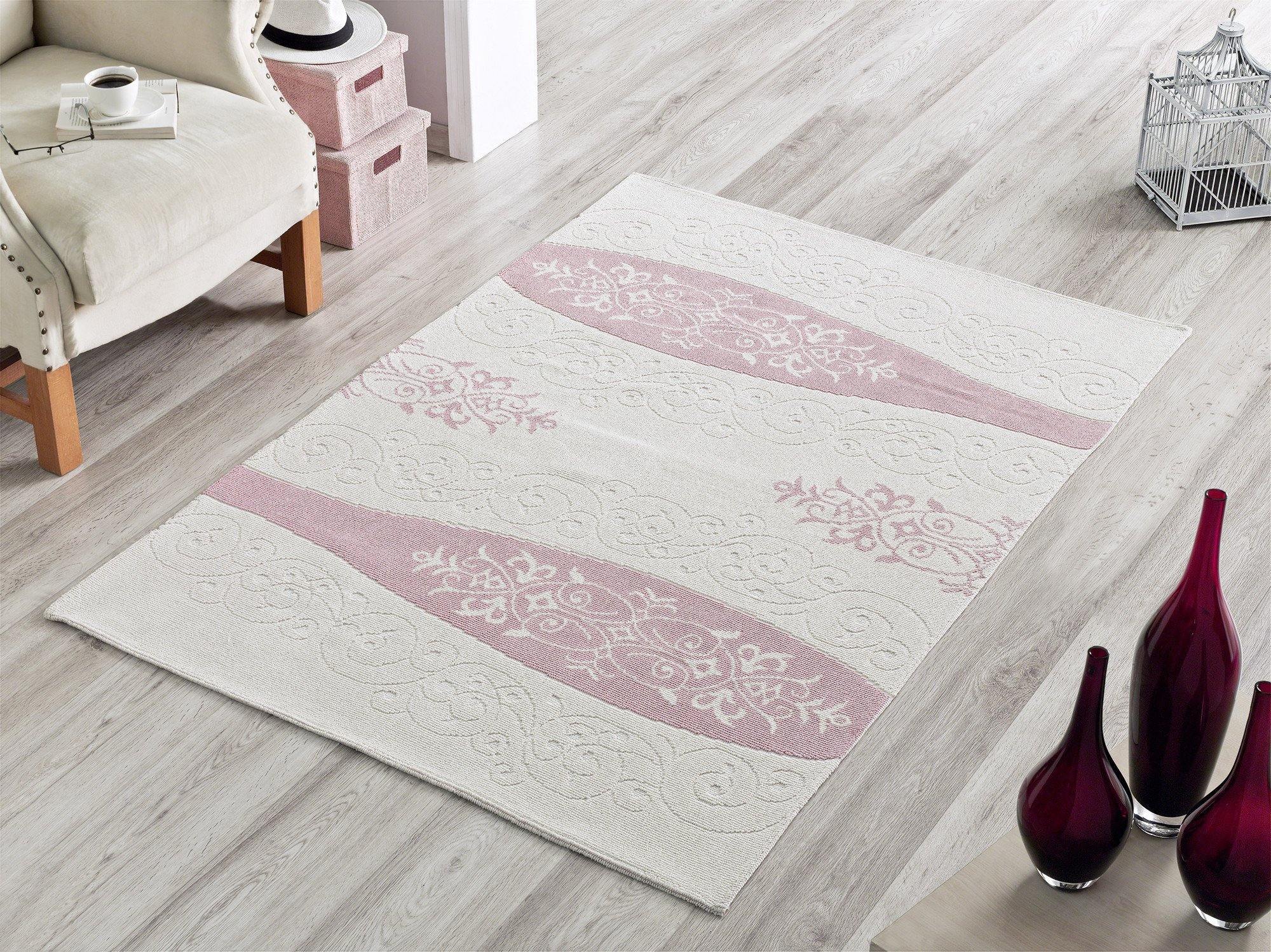 Vase 100% Turkish Cotton Sanforized Washable Area Rug - Pink, White & Light Cream - Decorotika