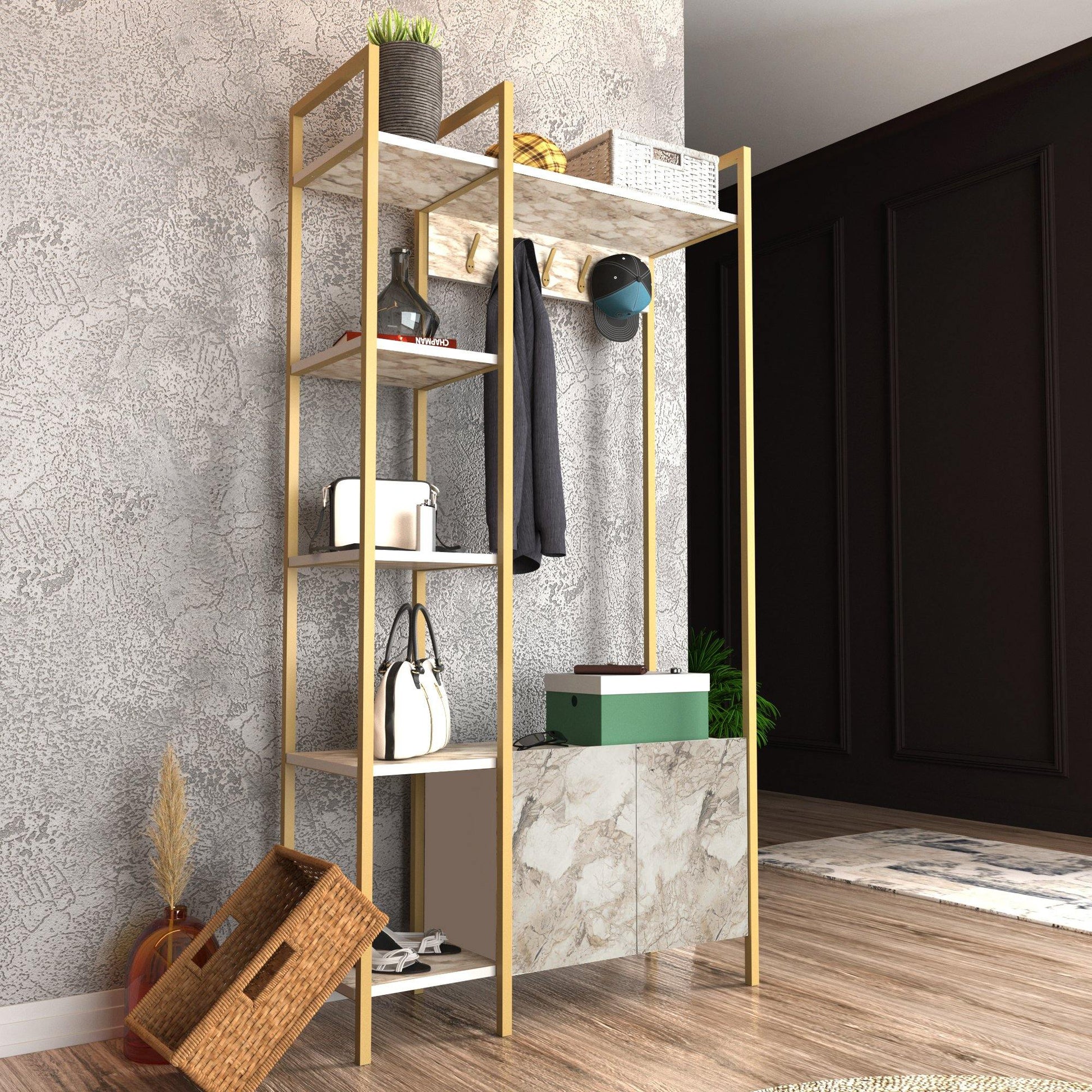 Doga 69" Tall Metal Manufactured Wood Hall Tree, Coat Rack with A Cabinet & Shelves - Decorotika