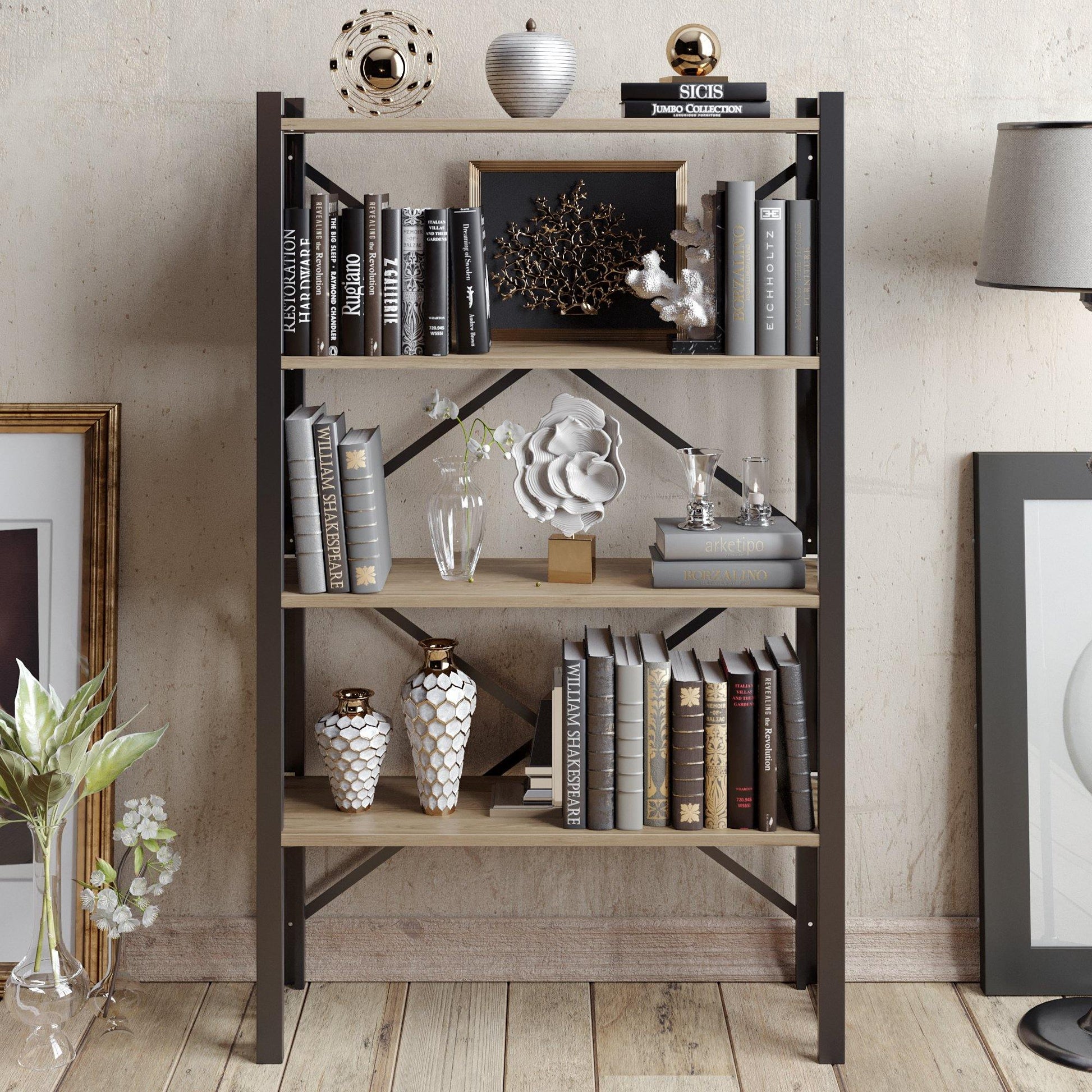 Merkel 58'' Tall Metal Wood Accent Bookcase - Decorotika