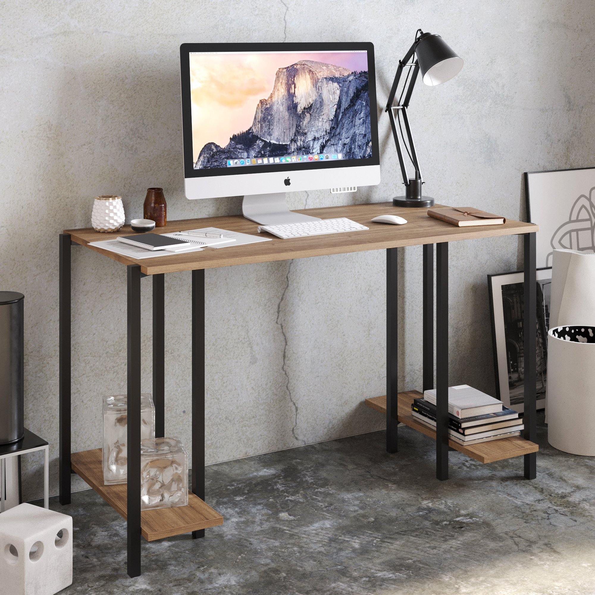 Reader 49'' Wide Metal Wood Computer Desk with Open Shelves - Decorotika