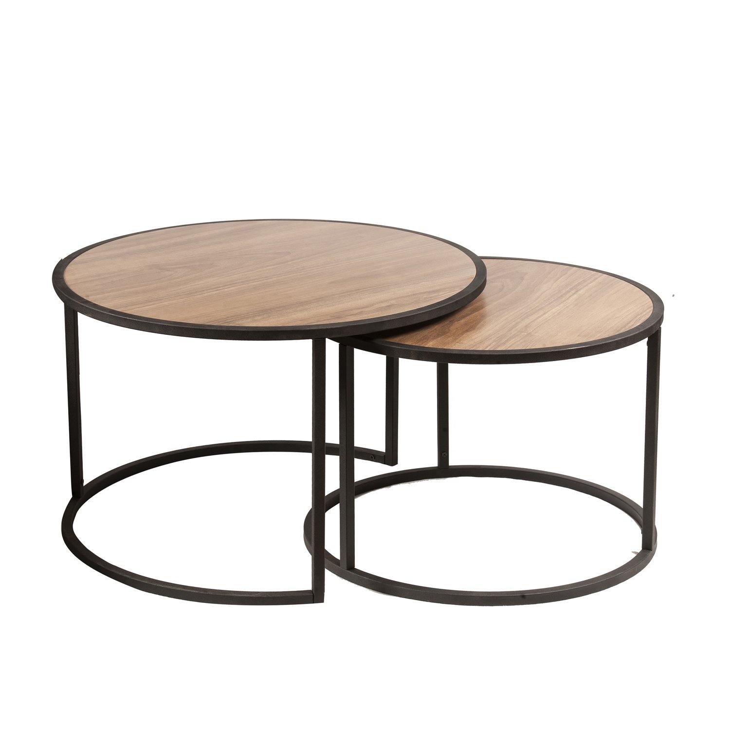Tambur Metal Manufactured Wood Round Nesting Coffee Table - Set of 2 - Decorotika