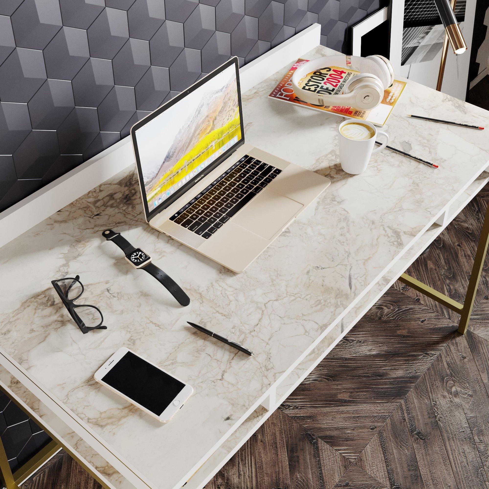 Tumata 47 Wide Metal Wood Computer Desk with Open Shelves Ephesus Gold