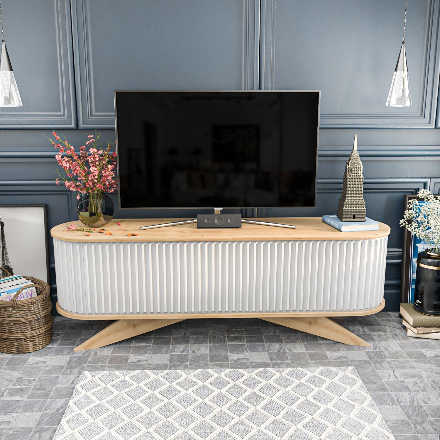 Store 71” Wide TV Stand - Sapphire Oak & White