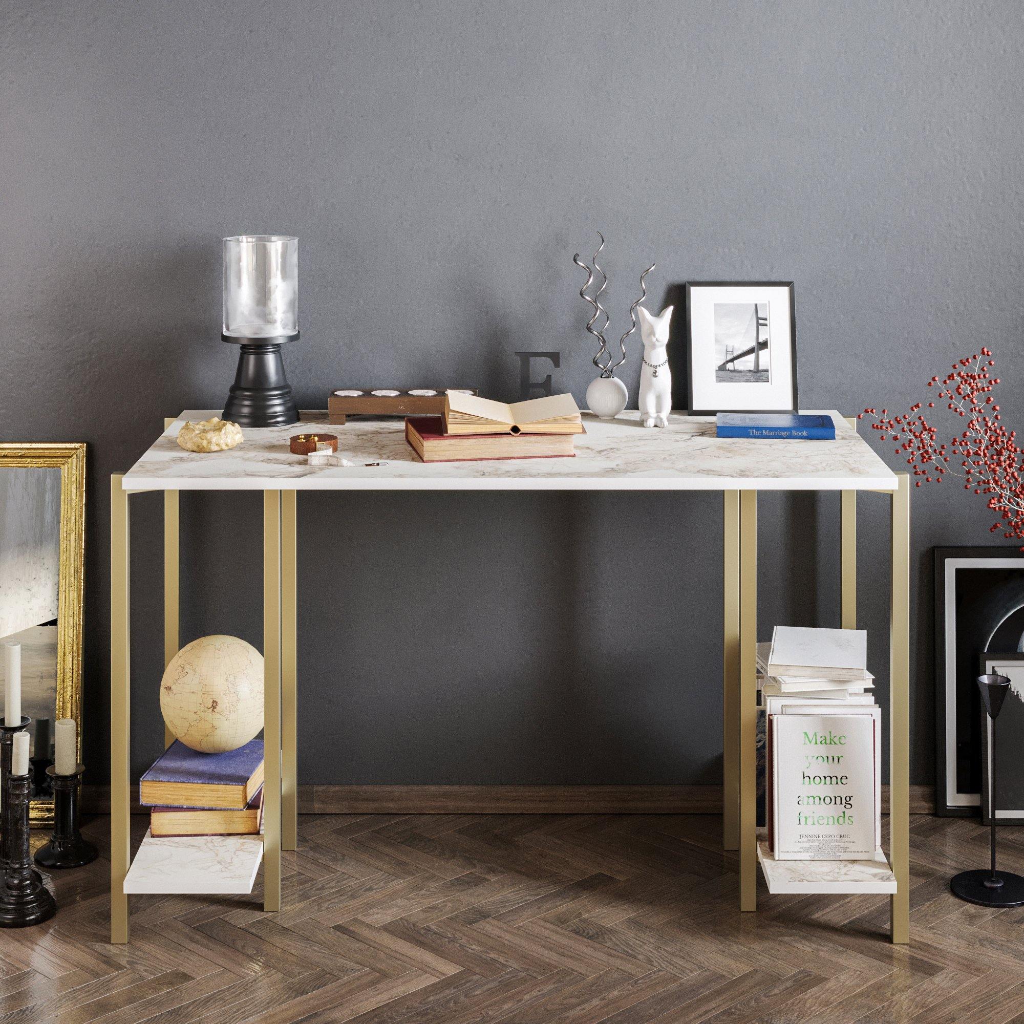 Reader 49'' Wide Metal Wood Computer Desk with Open Shelves - Decorotika