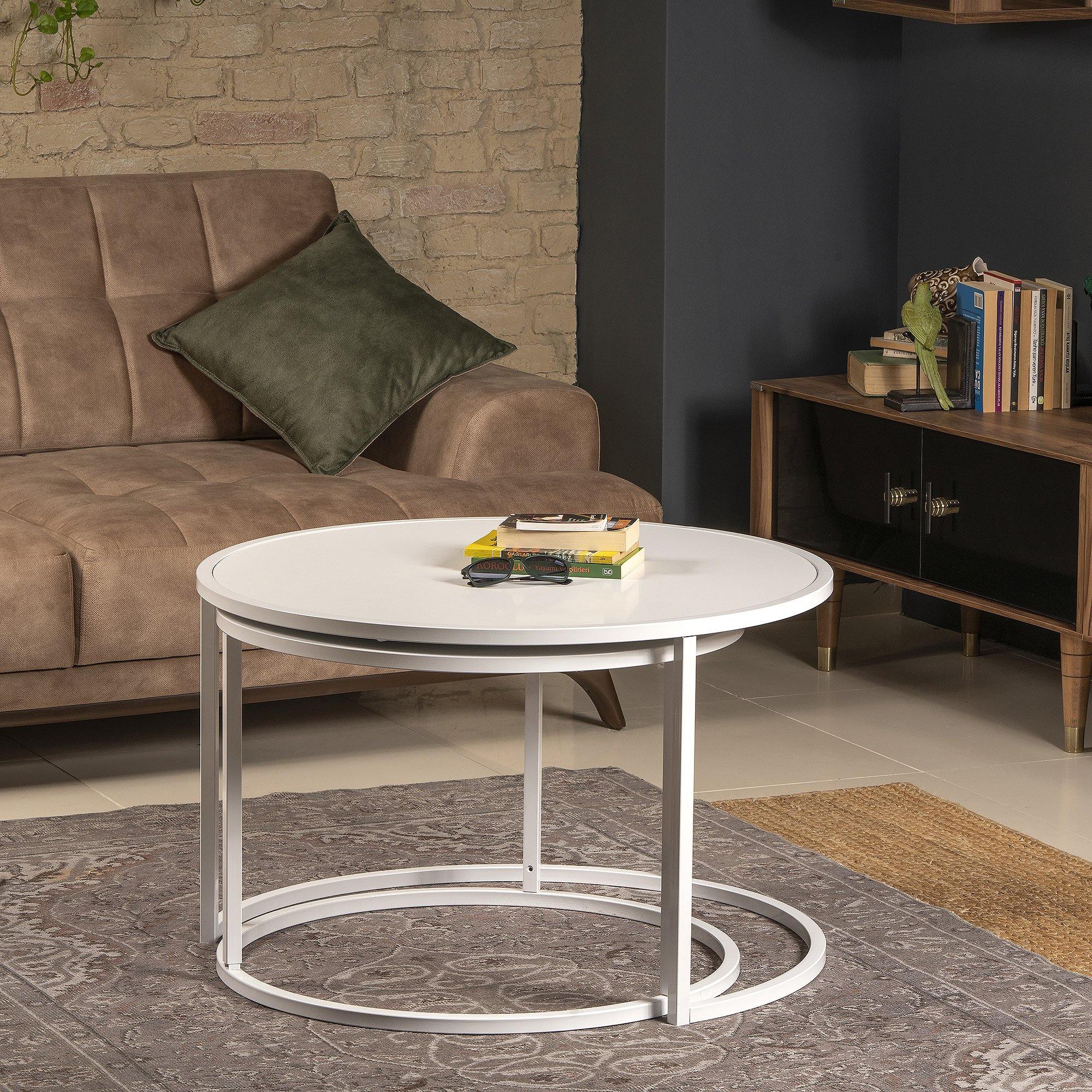 Tambur Metal Manufactured Wood Round Nesting Coffee Table - Set of 2 - Decorotika