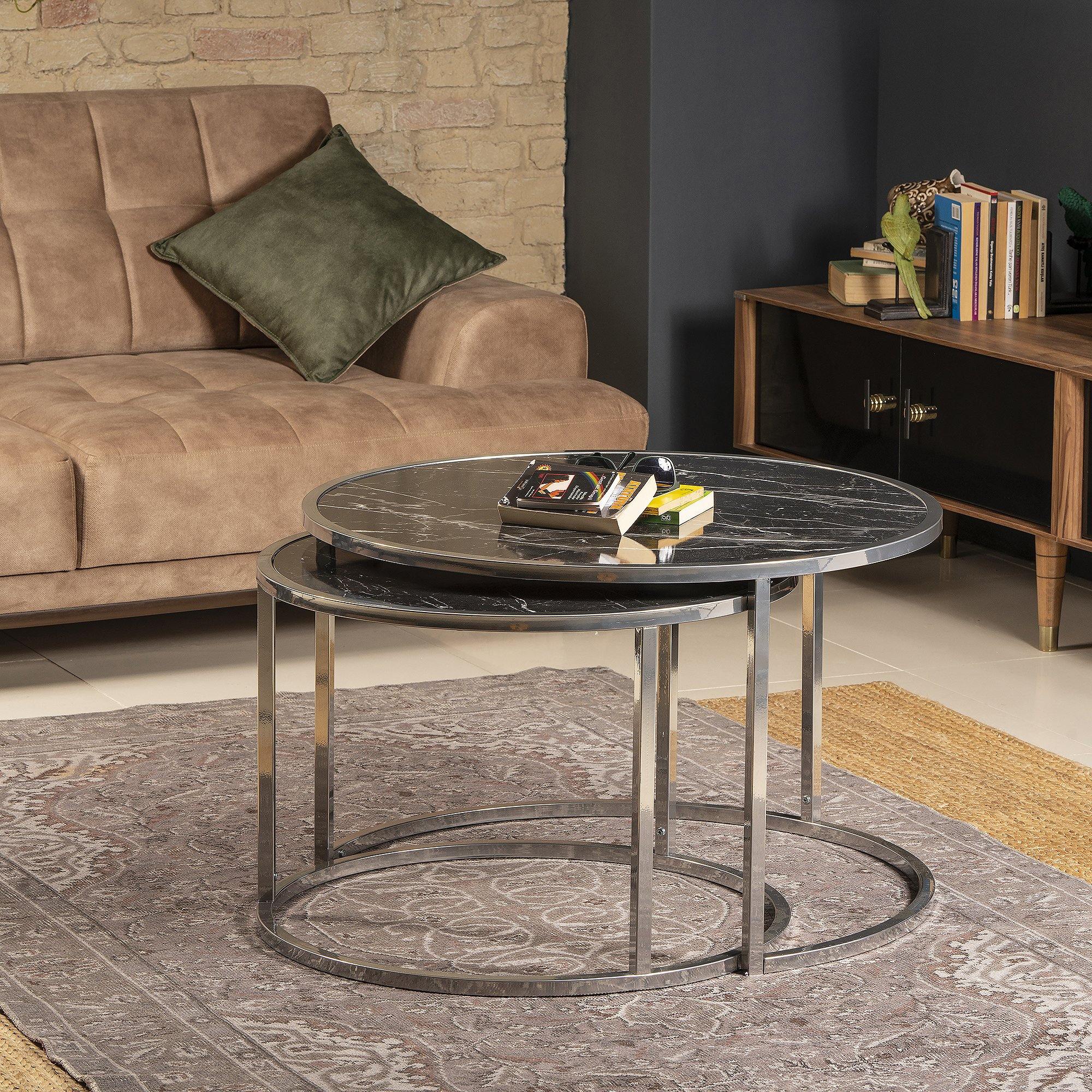 Tambur Metal Manufactured Wood Round Nesting Coffee Table - Set of 2 - Decorotika