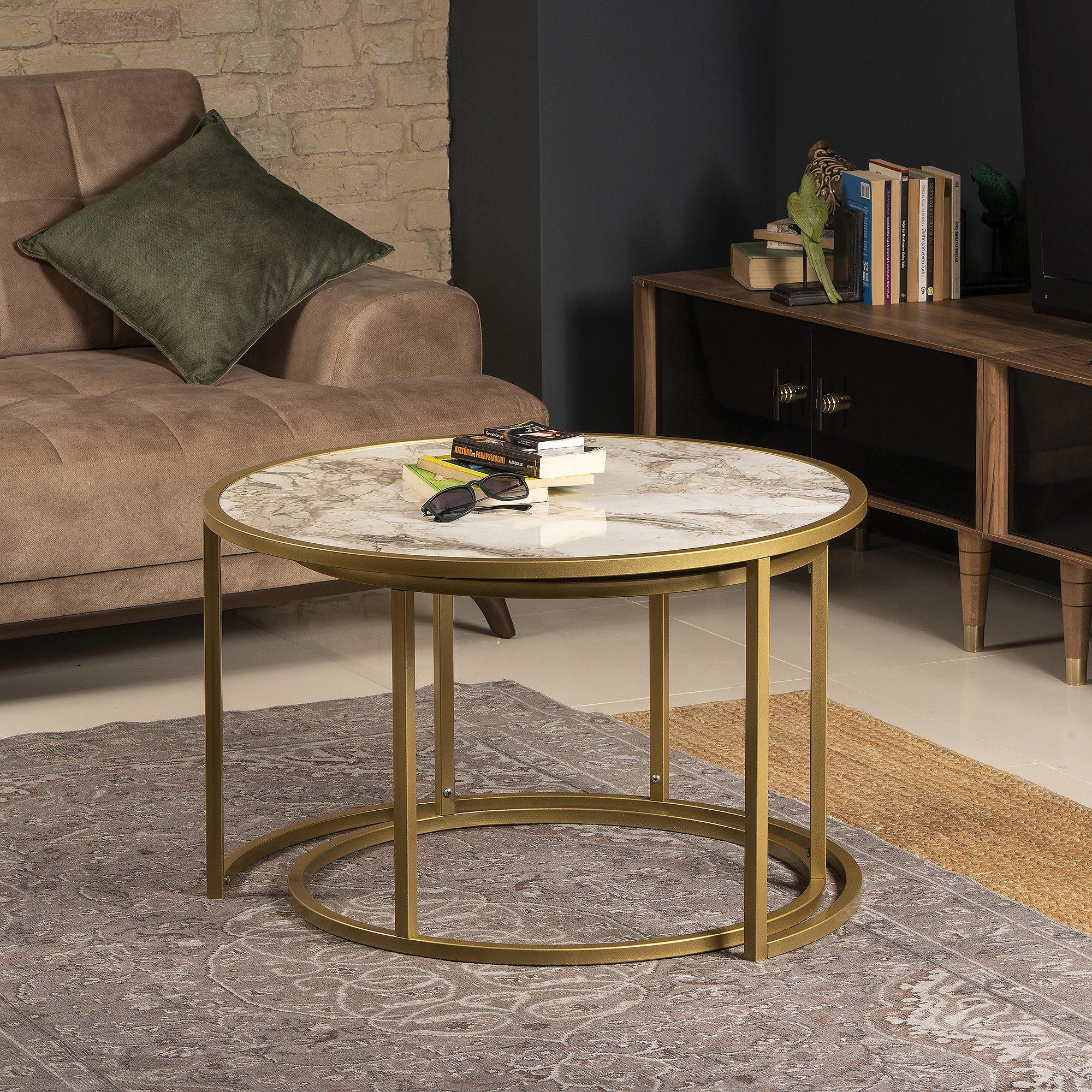 Tambur Metal Manufactured Wood Round Nesting Coffee Table - Set of 2 - Decorotika