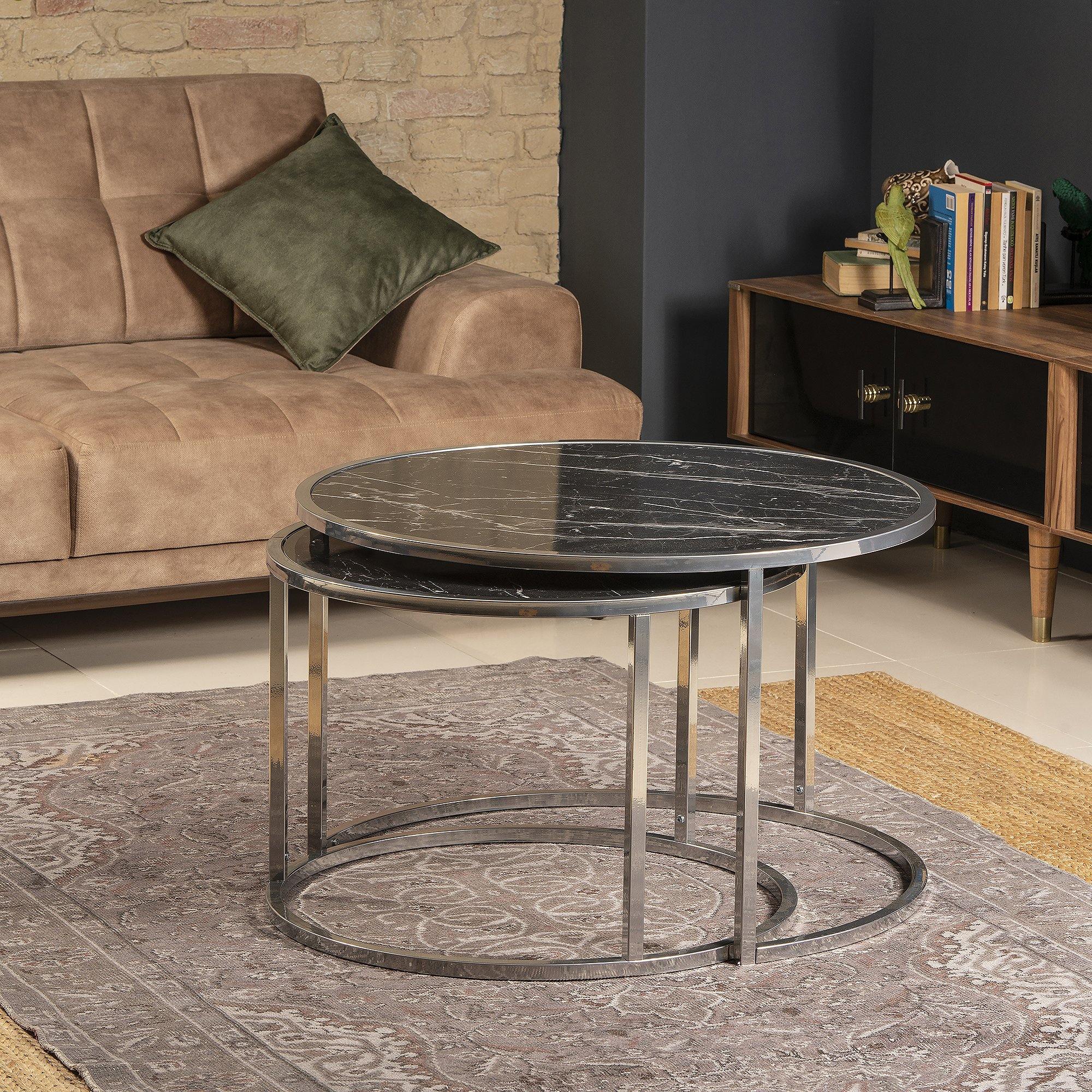 Tambur Metal Manufactured Wood Round Nesting Coffee Table - Set of 2 - Decorotika