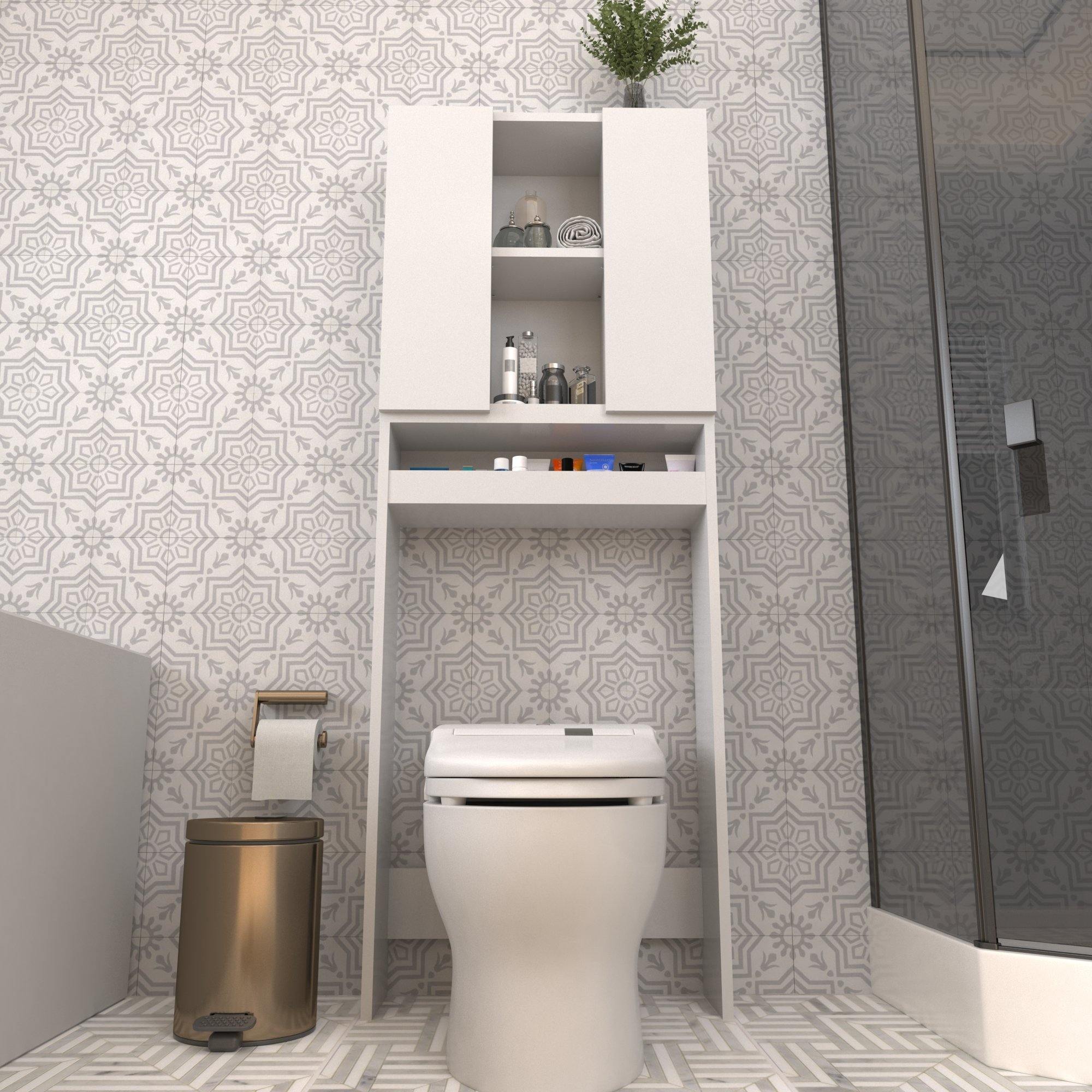 Helen 64" Tall Modern Manufactured Wood Toilet Cabinet with Shelves - White - Decorotika