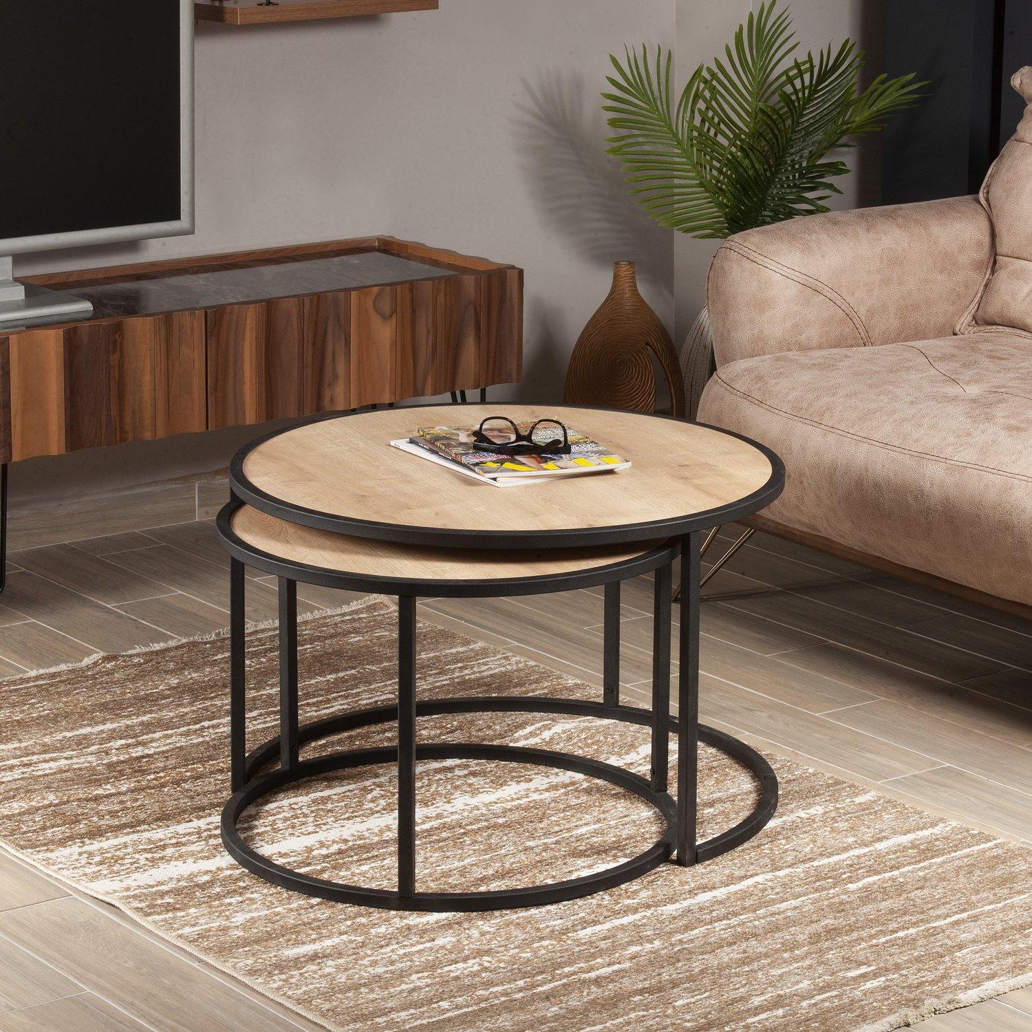 Tambur Metal Manufactured Wood Round Nesting Coffee Table - Set of 2 - Decorotika