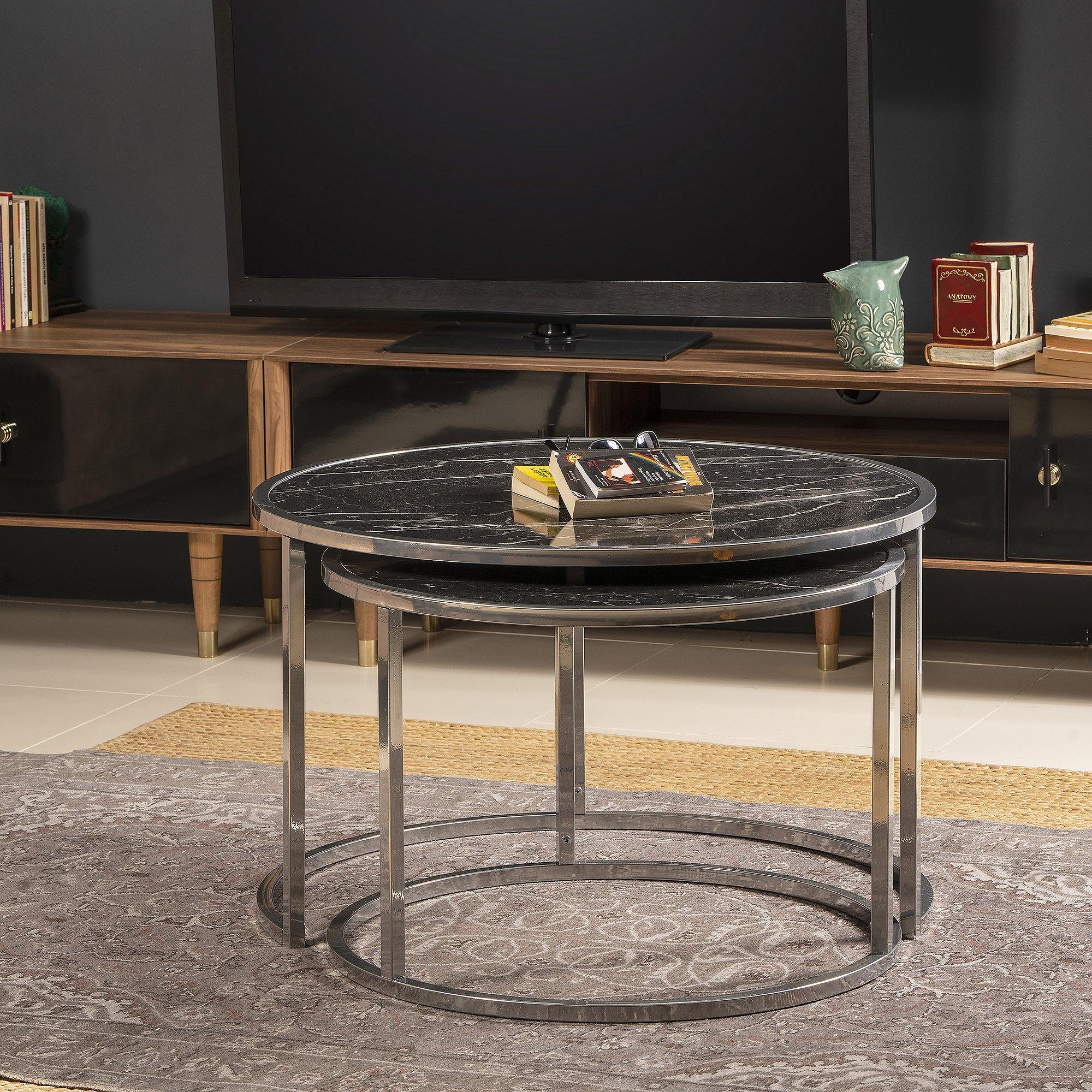 Tambur Metal Manufactured Wood Round Nesting Coffee Table - Set of 2 - Decorotika