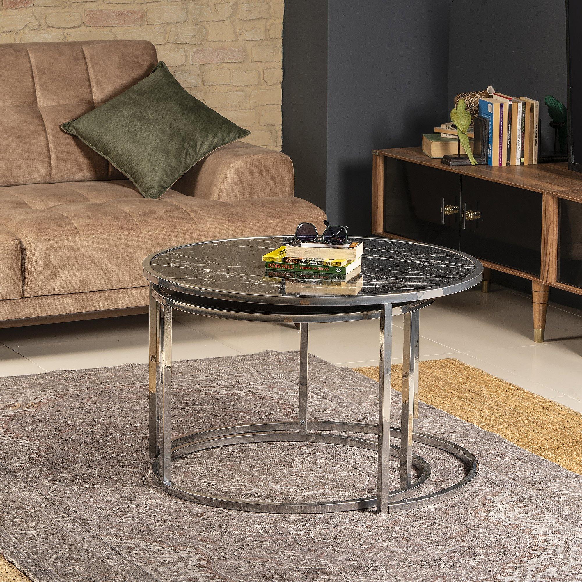 Tambur Metal Manufactured Wood Round Nesting Coffee Table - Set of 2 - Decorotika