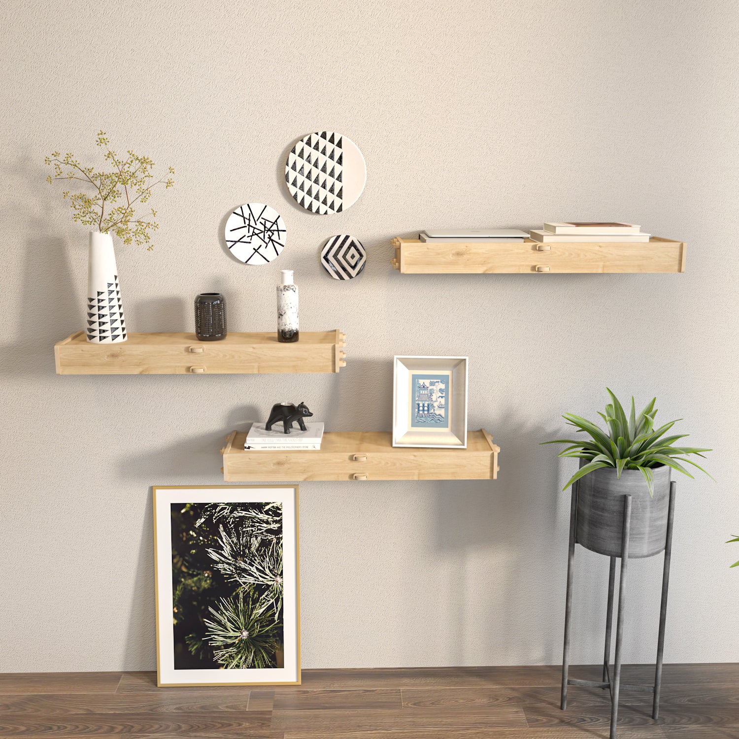 Hiko 3 Pieces Natural Oak Wall Mounted Shelves