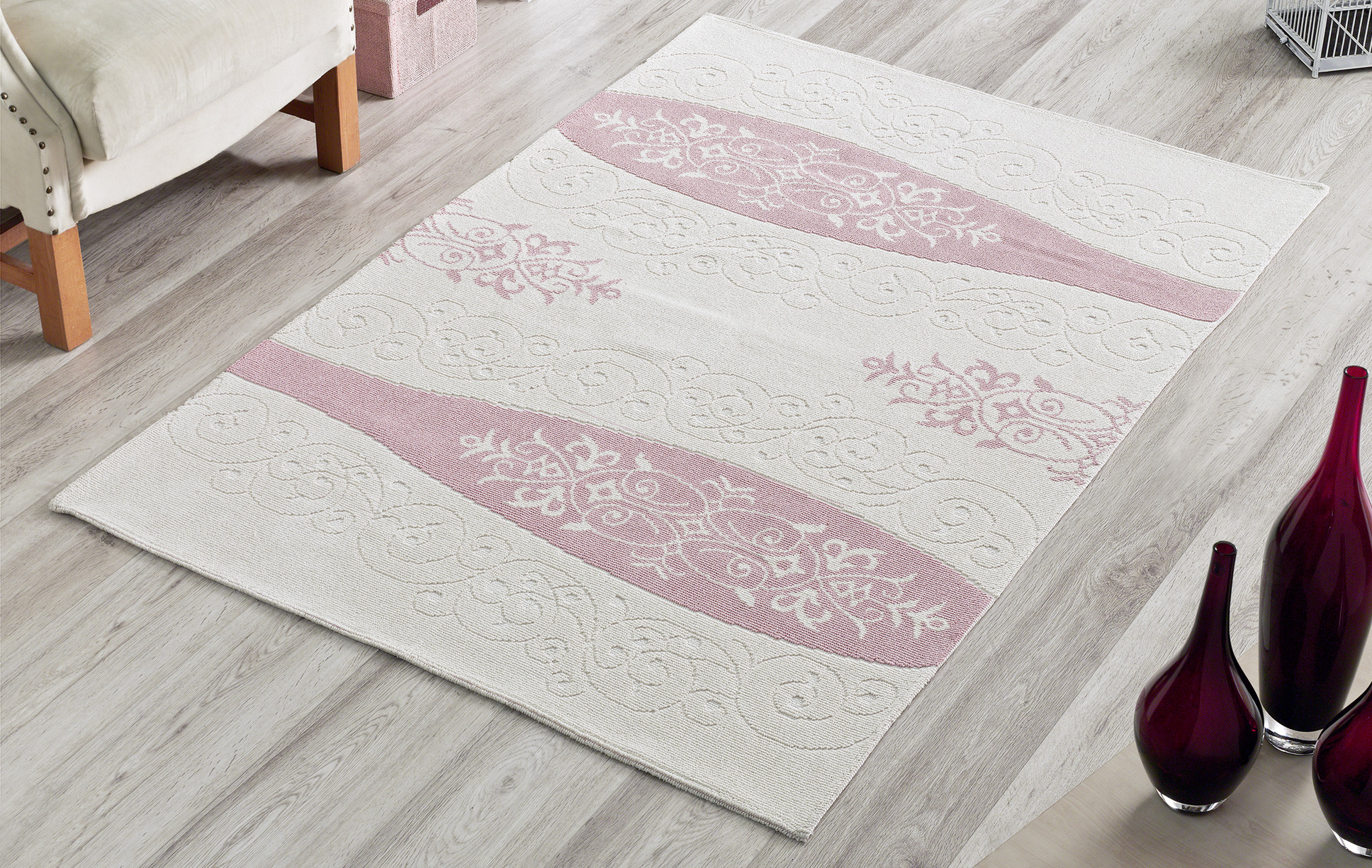 Vase 100% Turkish Cotton Sanforized Washable Area Rug - Pink, White & Light Cream - Decorotika