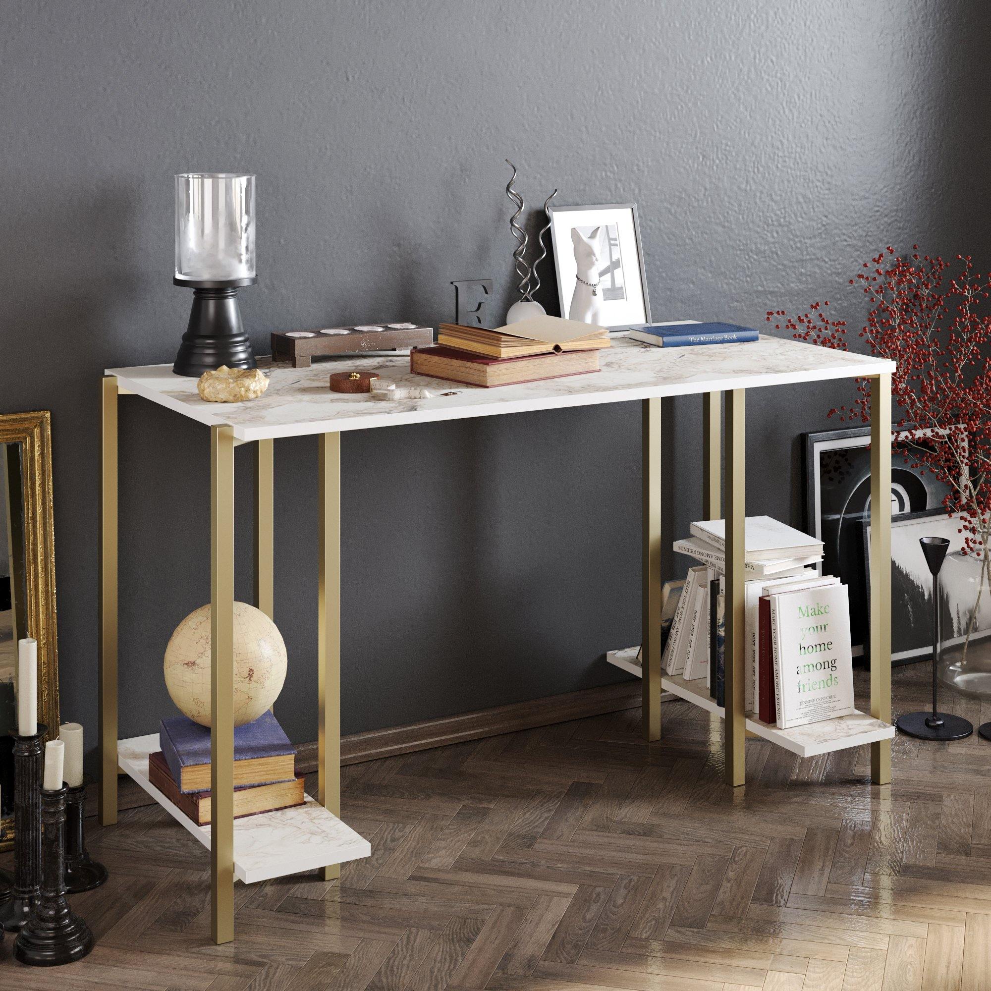 Reader 49'' Wide Metal Wood Computer Desk with Open Shelves - Decorotika