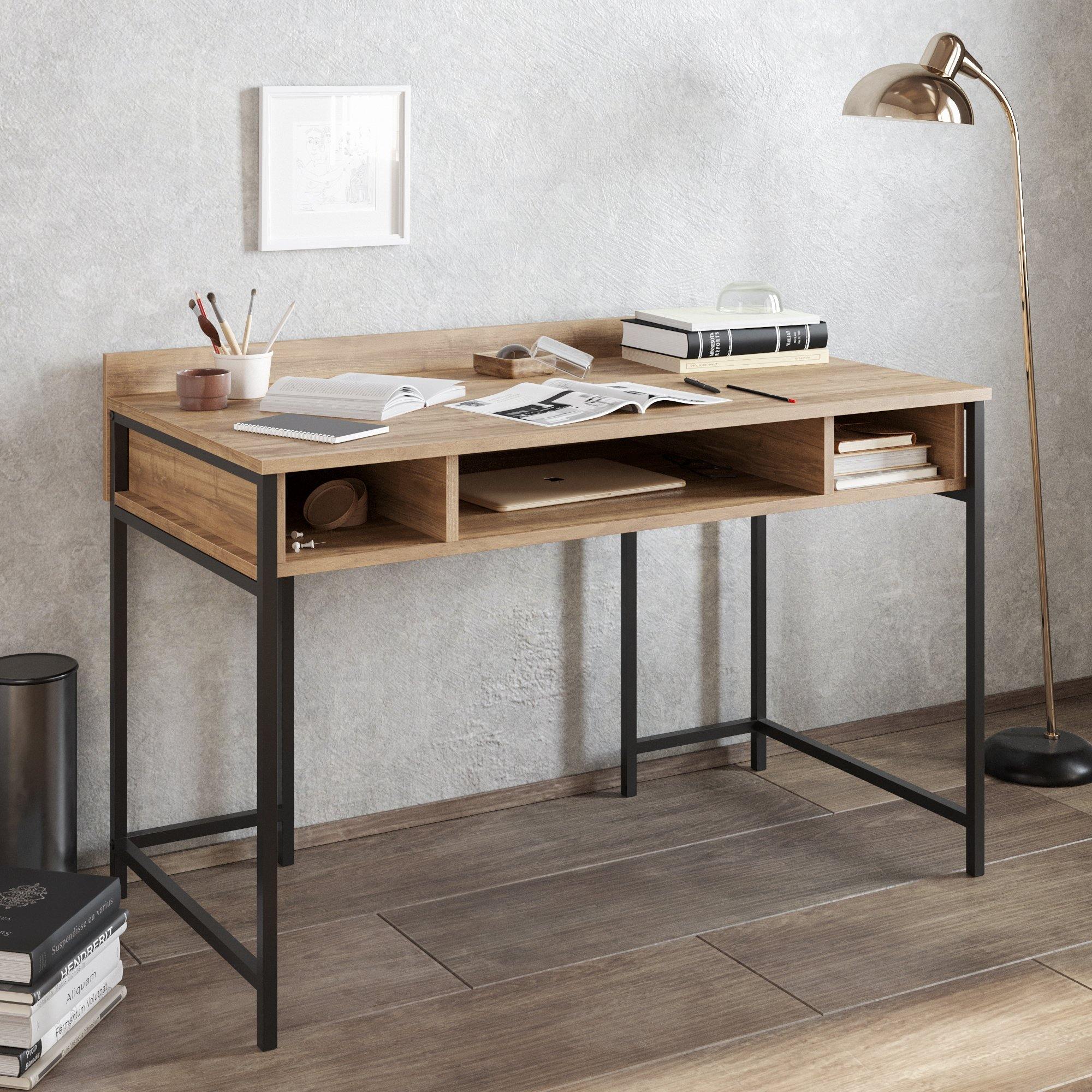 Tumata 47'' Wide Metal Wood Computer Desk with Open Shelves - Decorotika