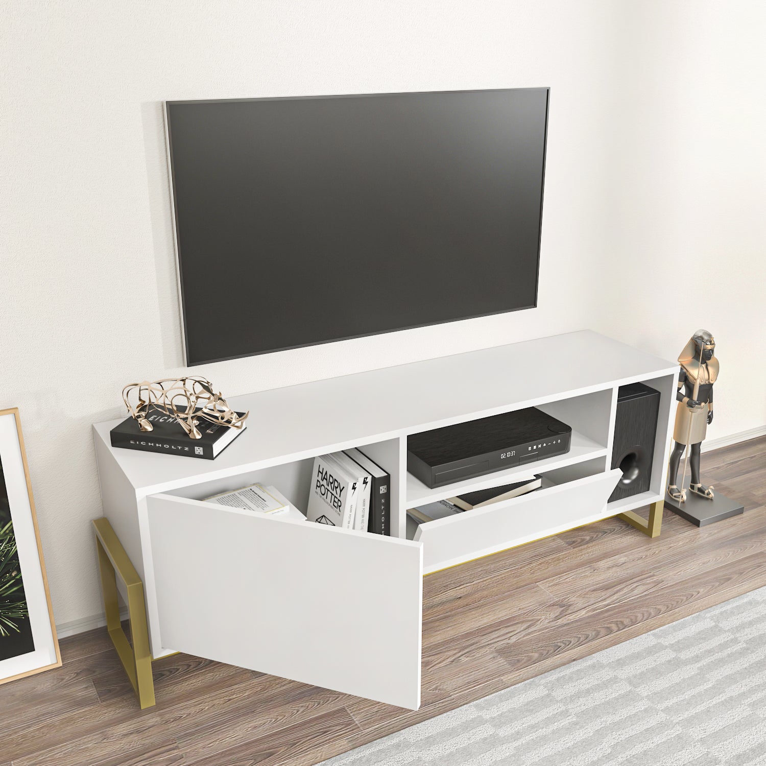 Utopia 55.1" Wide Modern TV Stand with Metal Legs | TV Console with Storage Cabinet